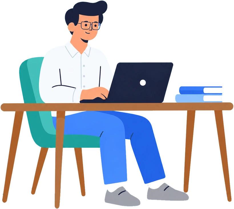 Ilustración de una sesión de terapia online: una persona con anteojos frente a su computadora en su escritorio